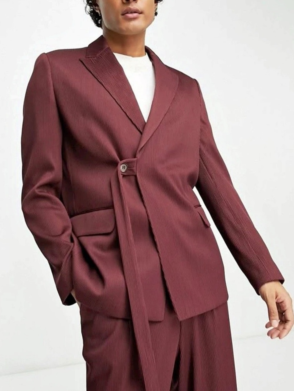 ASOS DESIGN slim belted suit jacket in burgundy / eggplant